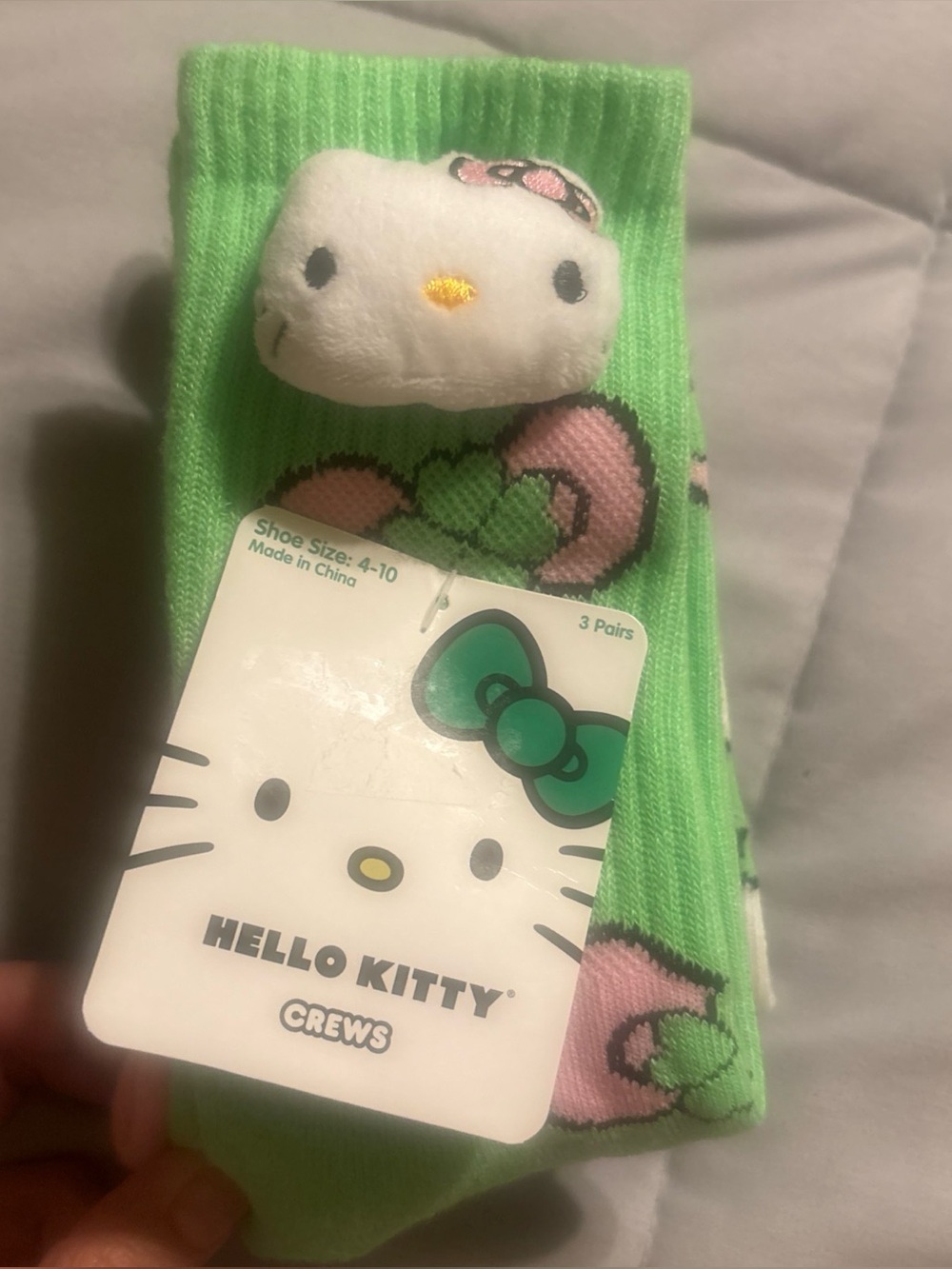 Sanrio Hello Kitty Light Green Crew Socks with Pink Bow Accents